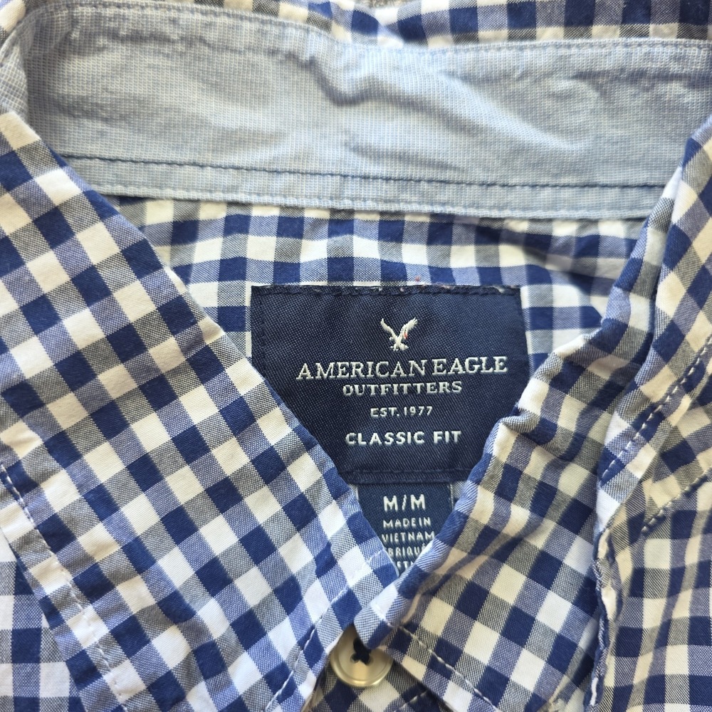 American Eagle Outfitters Button-Down Shirt Men L Long Sleeve Gingham Blue White - Picture 2 of 6